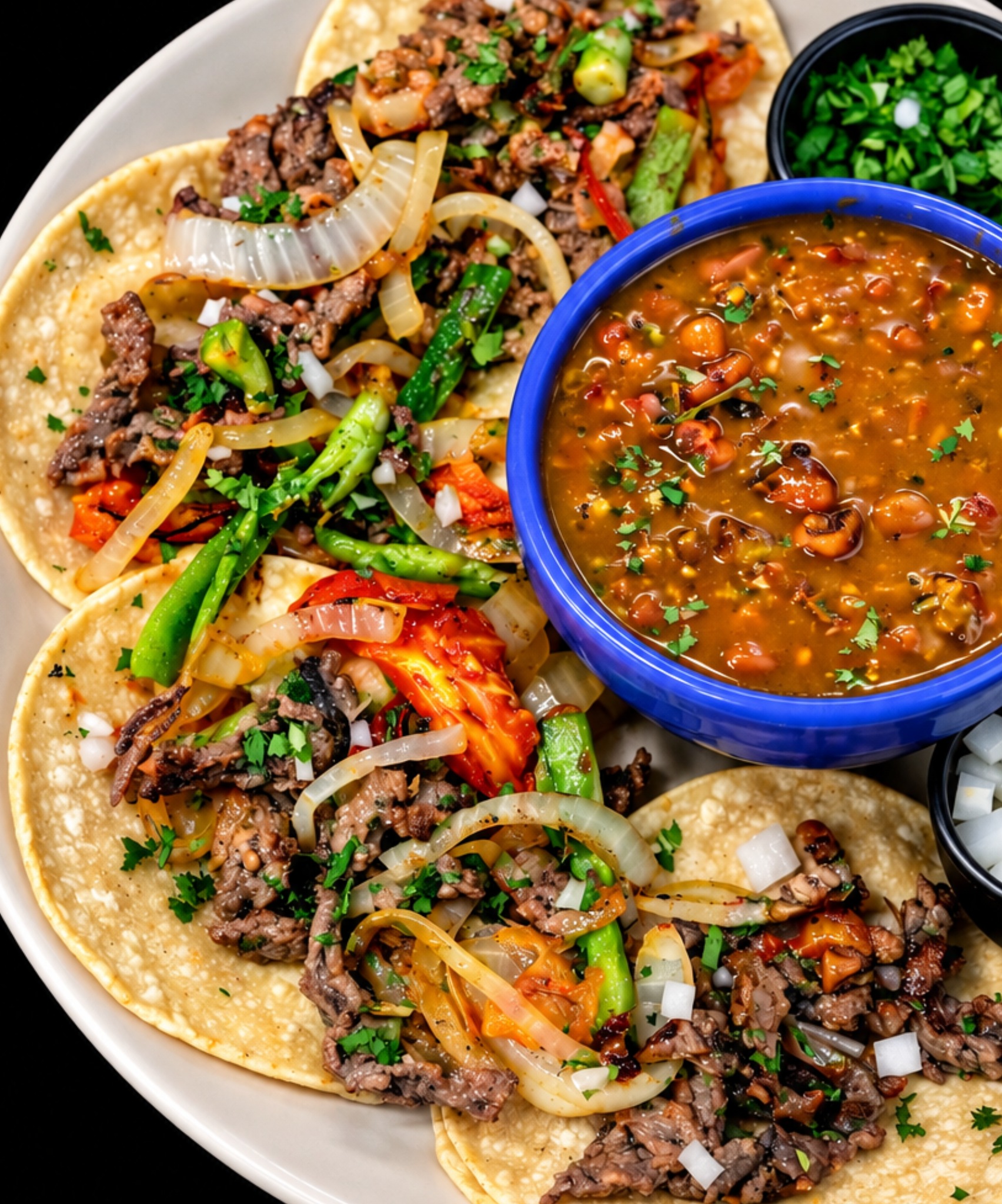 Street tacos served with charro beans